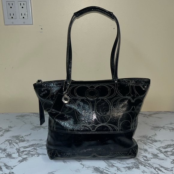 Coach Signature Stitch Patent Leather Tote Bag 19198 in Black - Picture 1 of 10